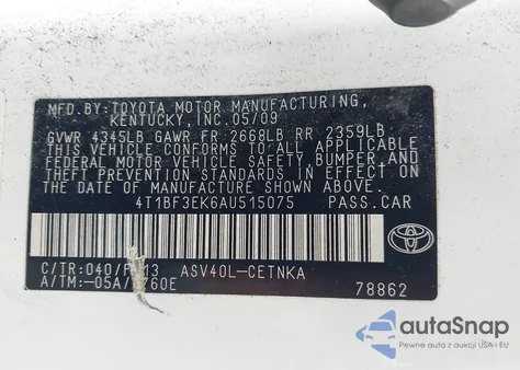 2010 Toyota Camry Le from USA, damaged, VIN 4T1BF3EK6AU515075